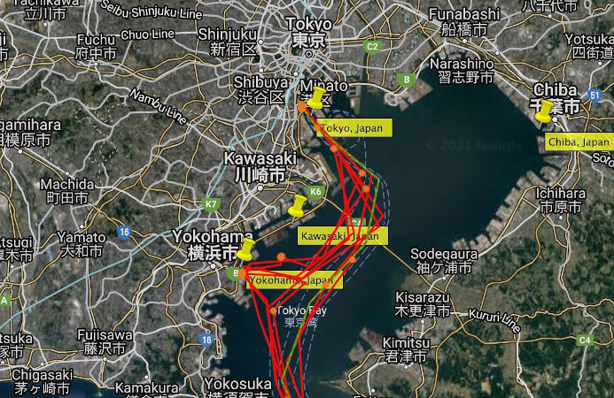 珈琲焙煎機を乗せたタンカーが日本に到着した様子を示す追跡地図